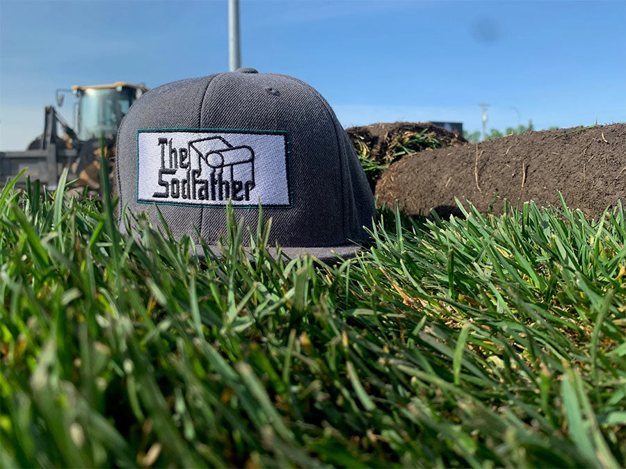 A ballcap sitting atop some fresh kentucky bluegrass sod